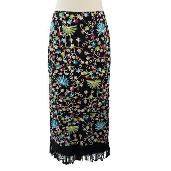 Intriguing Threads Black Blue Floral Embroidered Lined Fringed Boho Skirt Size 4 - Picture 1 of 3
